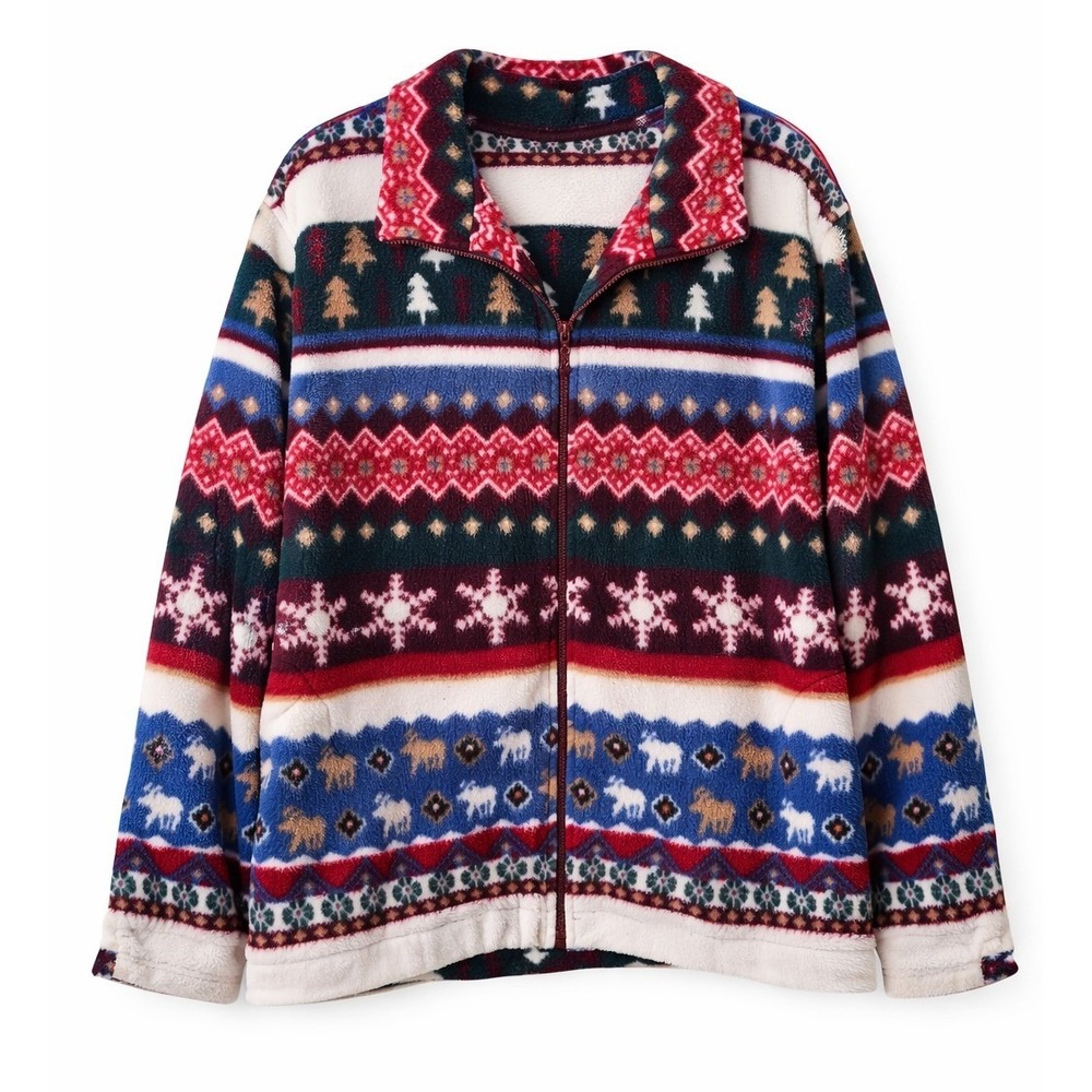 Vintage Alfred Dunner 2X Fair Isle Scandinavian Fleece Full Zip‎ Sweater Jacket